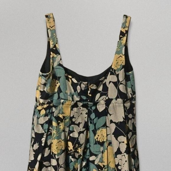 BCBG Paris Dress Floral Sleeveless Pleated Skirt Square Neck Silk Blue/Yellow 2 - Picture 3 of 13